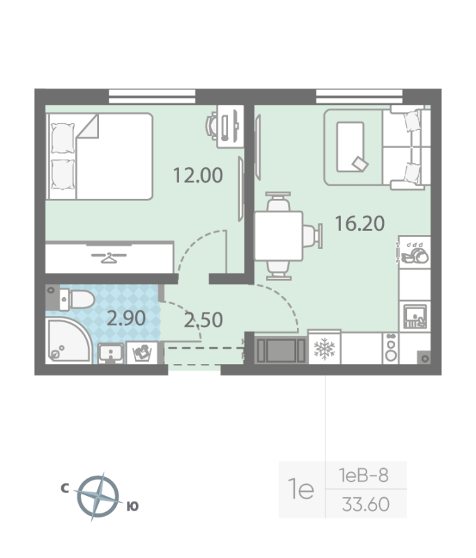 2-комнатная (Евро) квартира, 33.6 м² - планировка, фото №1