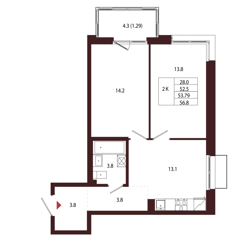 2-комнатная квартира, 53.79 м² в ЖК "Лисино" - планировка, фото №1