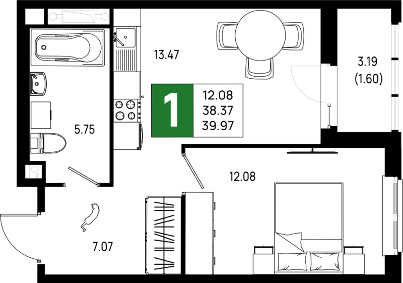 1-комнатная квартира, 39.97 м² в ЖК "Имена" - планировка, фото №1