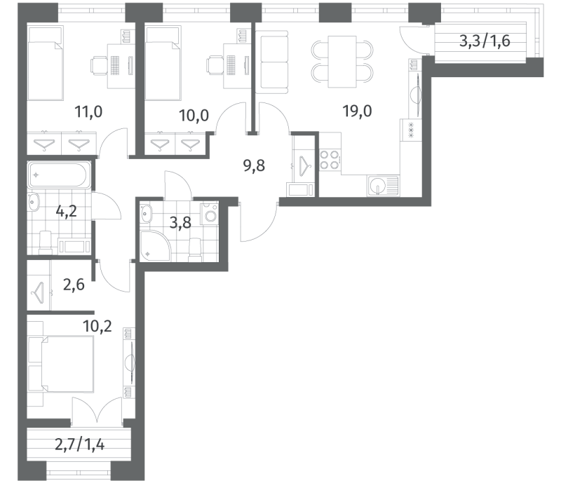 4-комнатная (Евро) квартира, 73.71 м² - планировка, фото №1