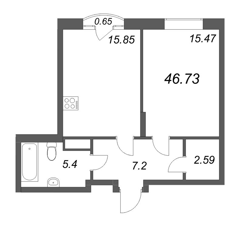 2-комнатная (Евро) квартира, 46.73 м² в ЖК "MONODOM-ART" - планировка, фото №1