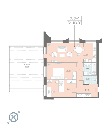 3-комнатная (Евро) квартира, 110.8 м² - планировка, фото №1