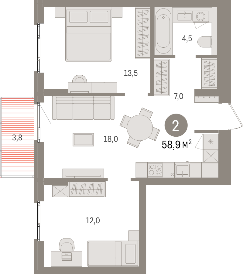 3-комнатная (Евро) квартира, 58.9 м² в ЖК "Брусника в Новоселье" - планировка, фото №1