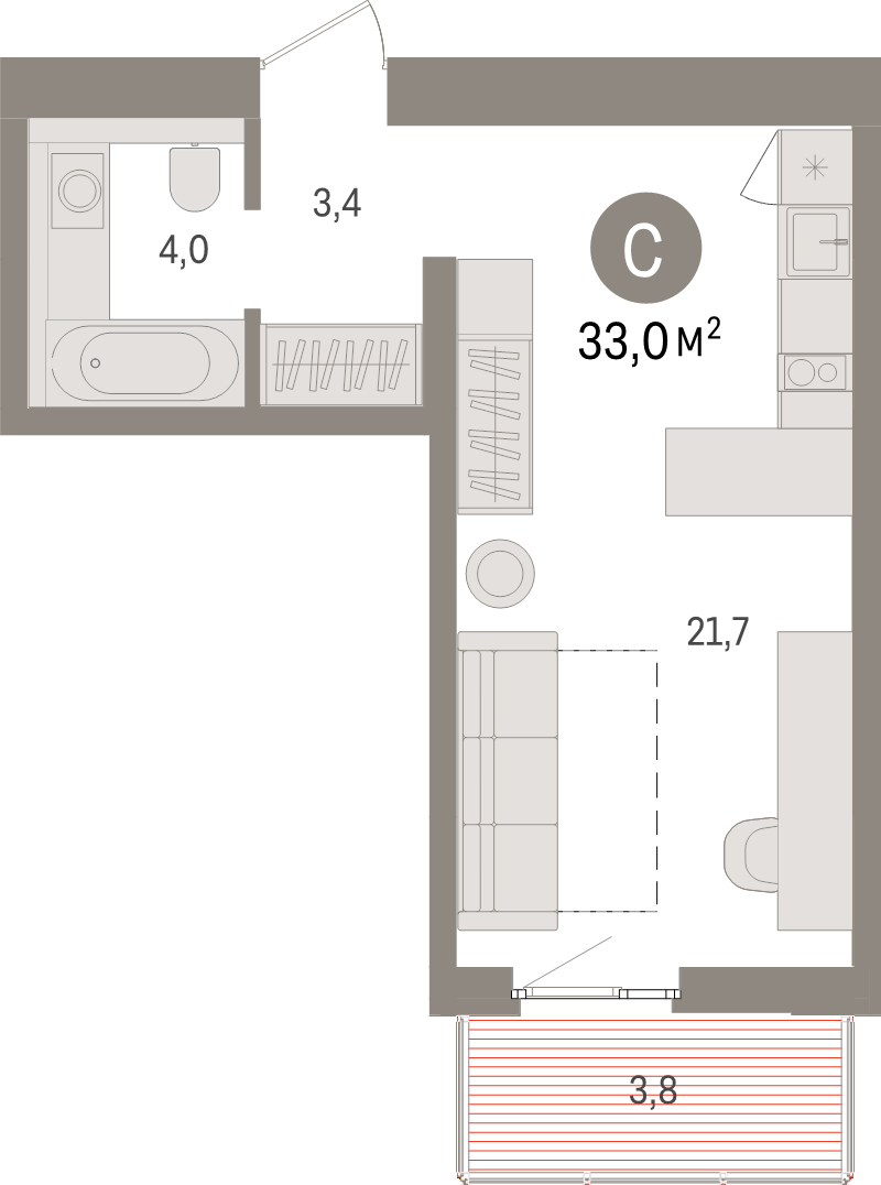 Квартира-студия, 33 м² в ЖК "Брусника в Новоселье" - планировка, фото №1