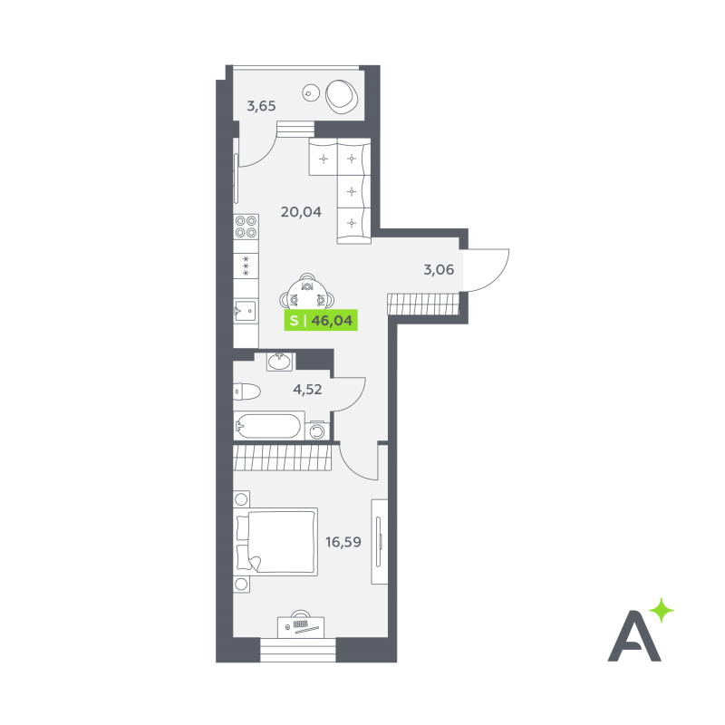 2-комнатная (Евро) квартира, 46.04 м² в ЖК "Аквилон РекаПарк" - планировка, фото №1