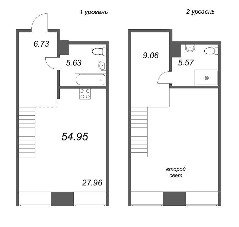 2-комнатная (Евро) квартира, 54.95 м² - планировка, фото №1