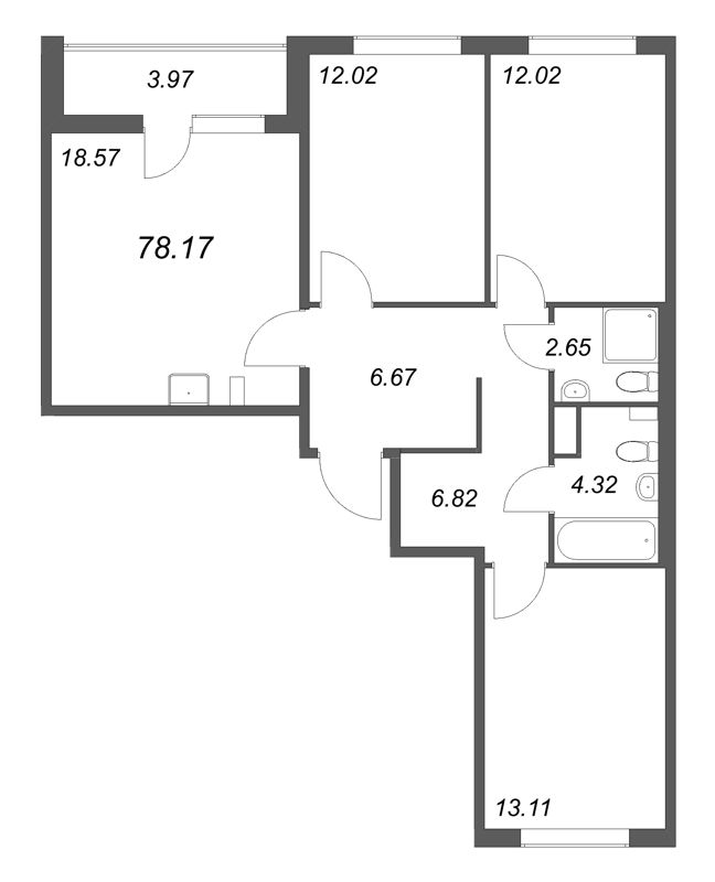 4-комнатная (Евро) квартира, 78.17 м² в ЖК "Расцветай в Янино" - планировка, фото №1