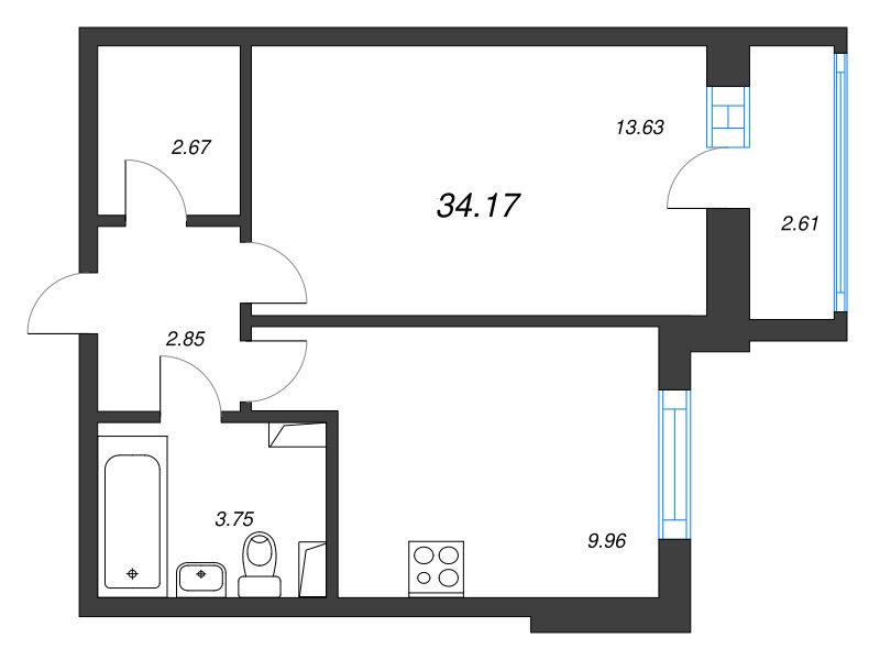 1-комнатная квартира, 34.17 м² - планировка, фото №1