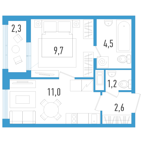 1-комнатная квартира, 30.2 м² в ЖК "AEROCITY" - планировка, фото №1