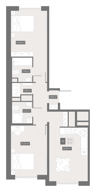 3-комнатная (Евро) квартира, 59.33 м² в ЖК "UP-квартал Новый Московский" - планировка, фото №1