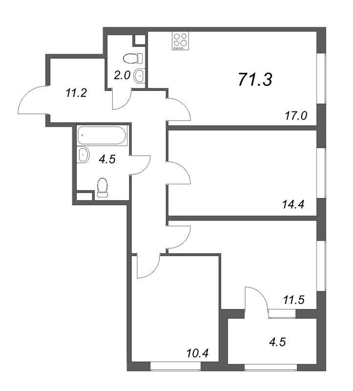 4-комнатная (Евро) квартира, 71.3 м² - планировка, фото №1
