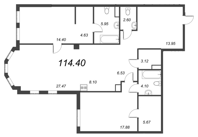 3-комнатная (Евро) квартира, 114.51 м² - планировка, фото №1