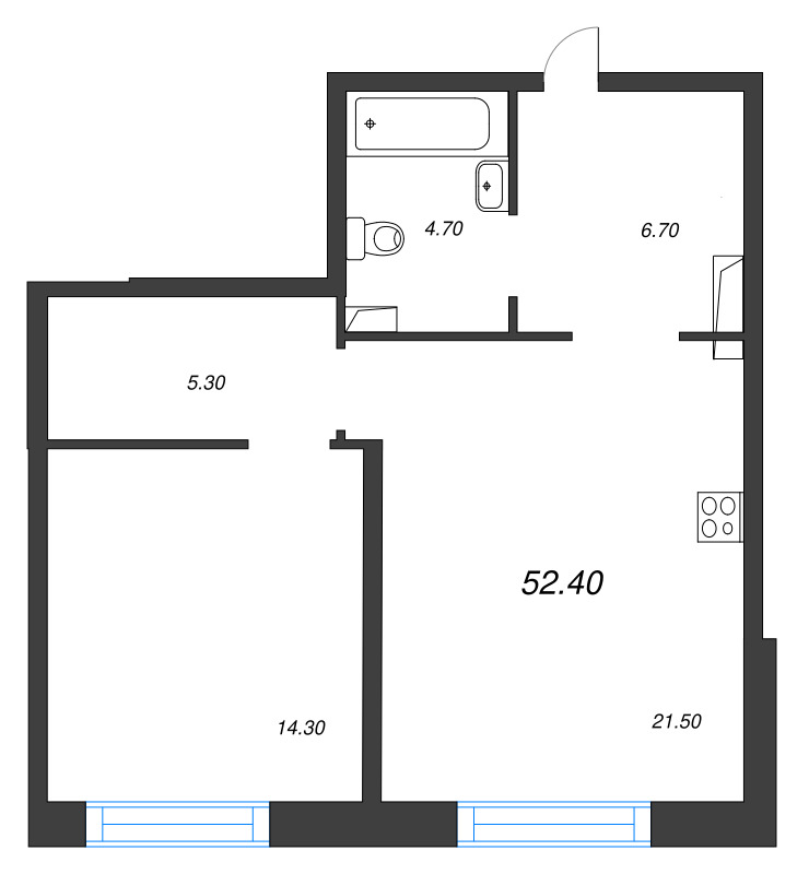 2-комнатная (Евро) квартира, 52.4 м² - планировка, фото №1