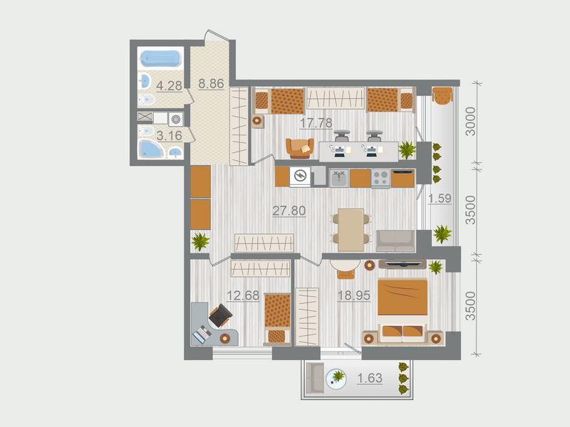 3-комнатная квартира, 96.73 м² в ЖК "Эко Квартал Гармония" - планировка, фото №1