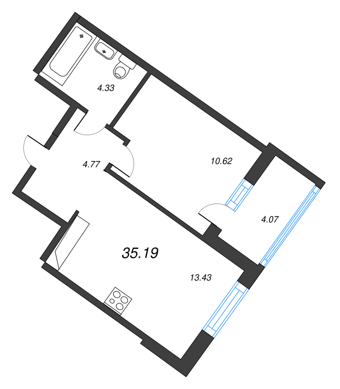 1-комнатная квартира, 37.22 м² - планировка, фото №1