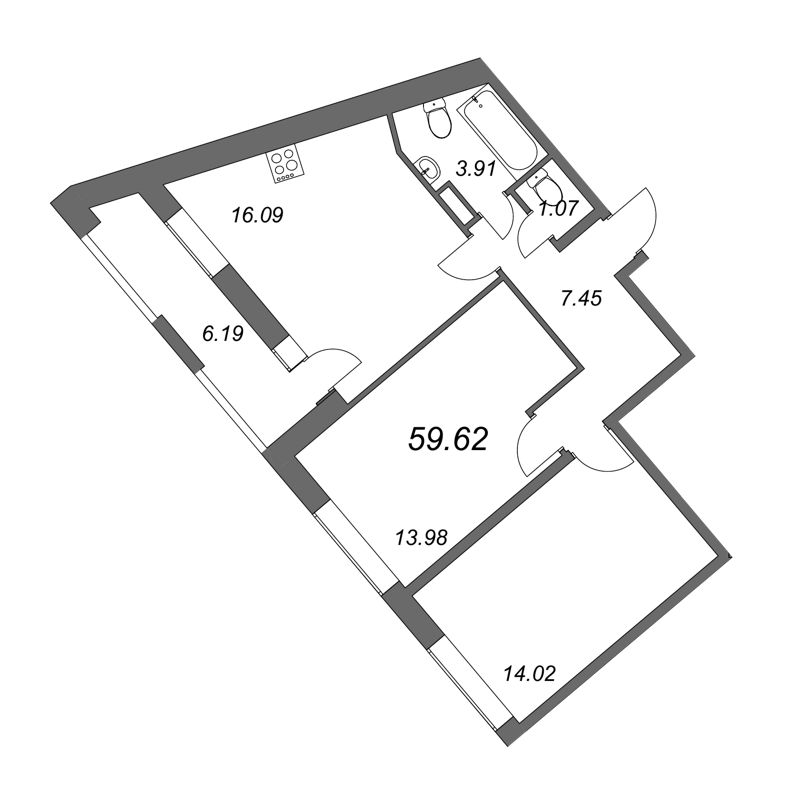 3-комнатная (Евро) квартира, 58.5 м² в ЖК "FoRest Аквилон" - планировка, фото №1