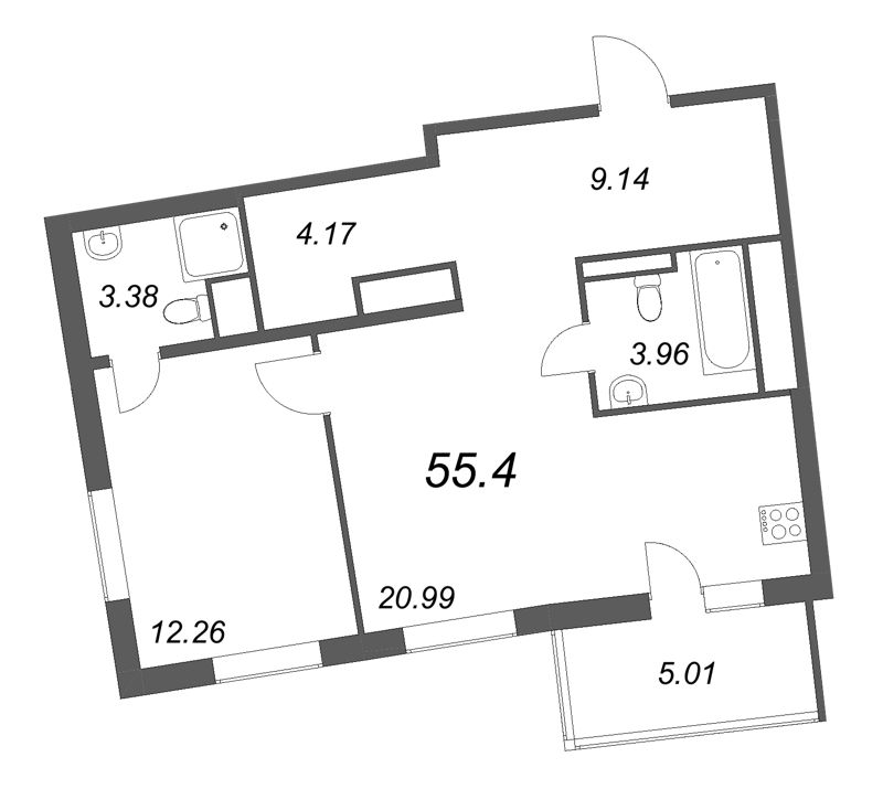 2-комнатная (Евро) квартира, 58.9 м² - планировка, фото №1