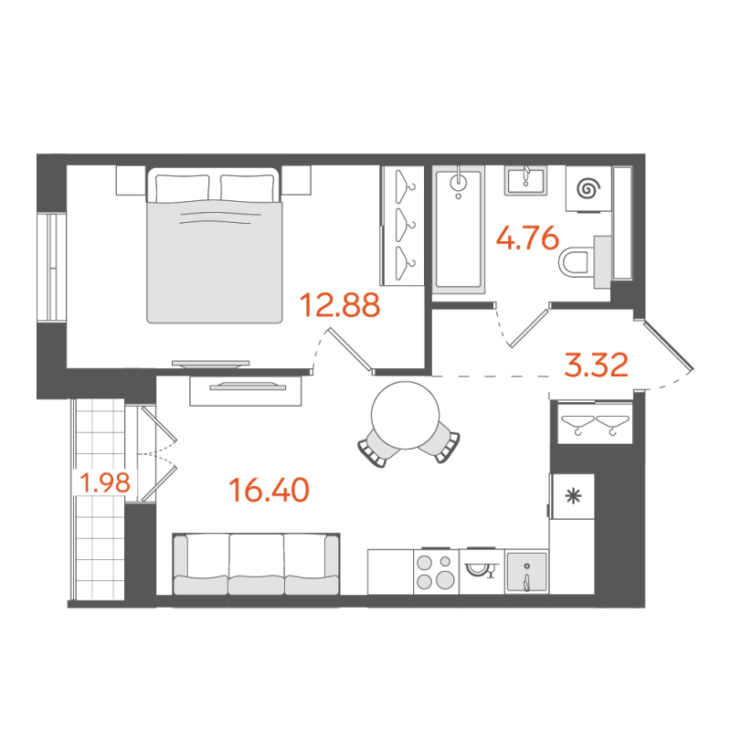 2-комнатная (Евро) квартира, 38.02 м² в ЖК "STAVNI Обводный" - планировка, фото №1