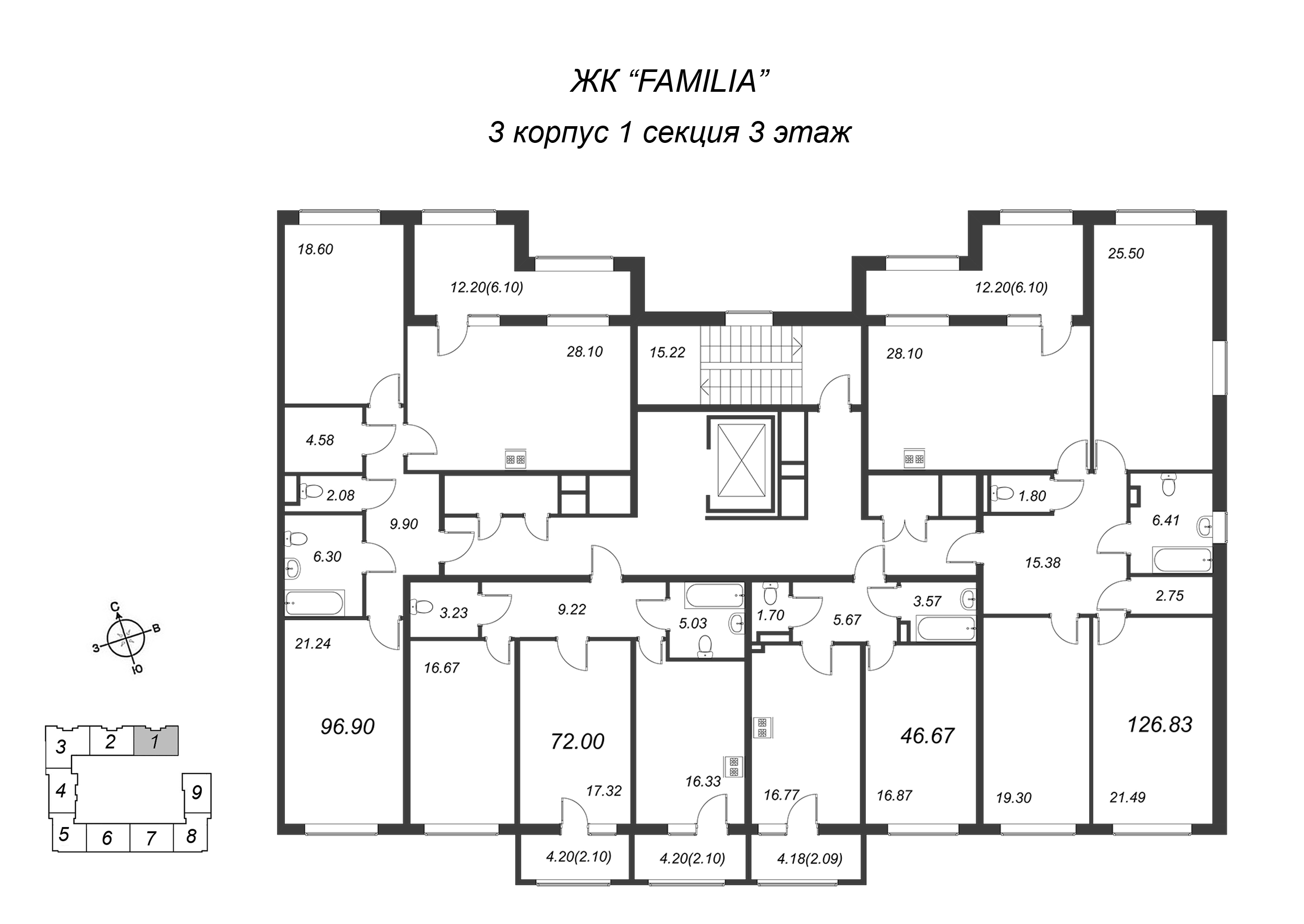 3-комнатная квартира, 126.7 м² в ЖК "FAMILIA" - планировка этажа
