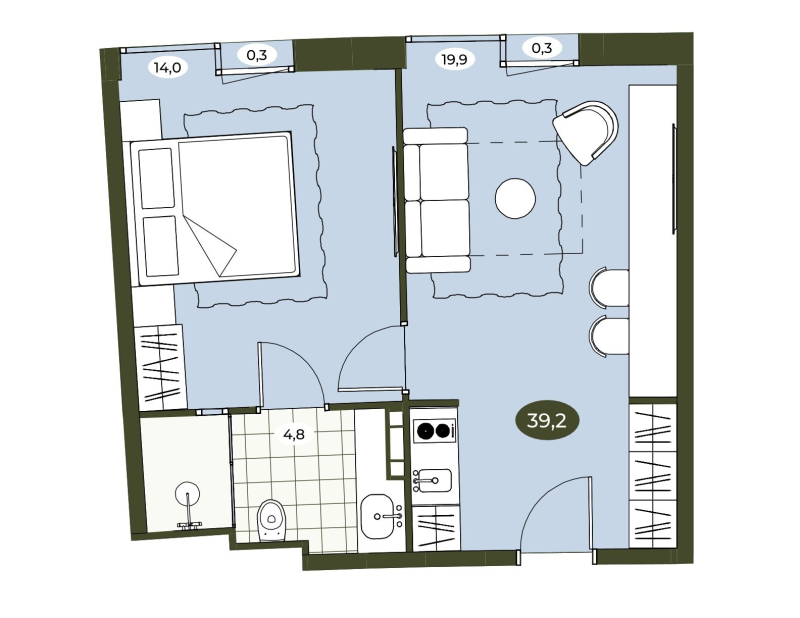 2-комнатная (Евро) квартира, 39.1 м² в ЖК "Место в Рощино" - планировка, фото №1