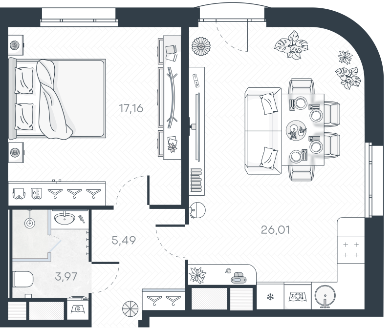 2-комнатная (Евро) квартира, 53.17 м² в ЖК "MONODOM-ART" - планировка, фото №1