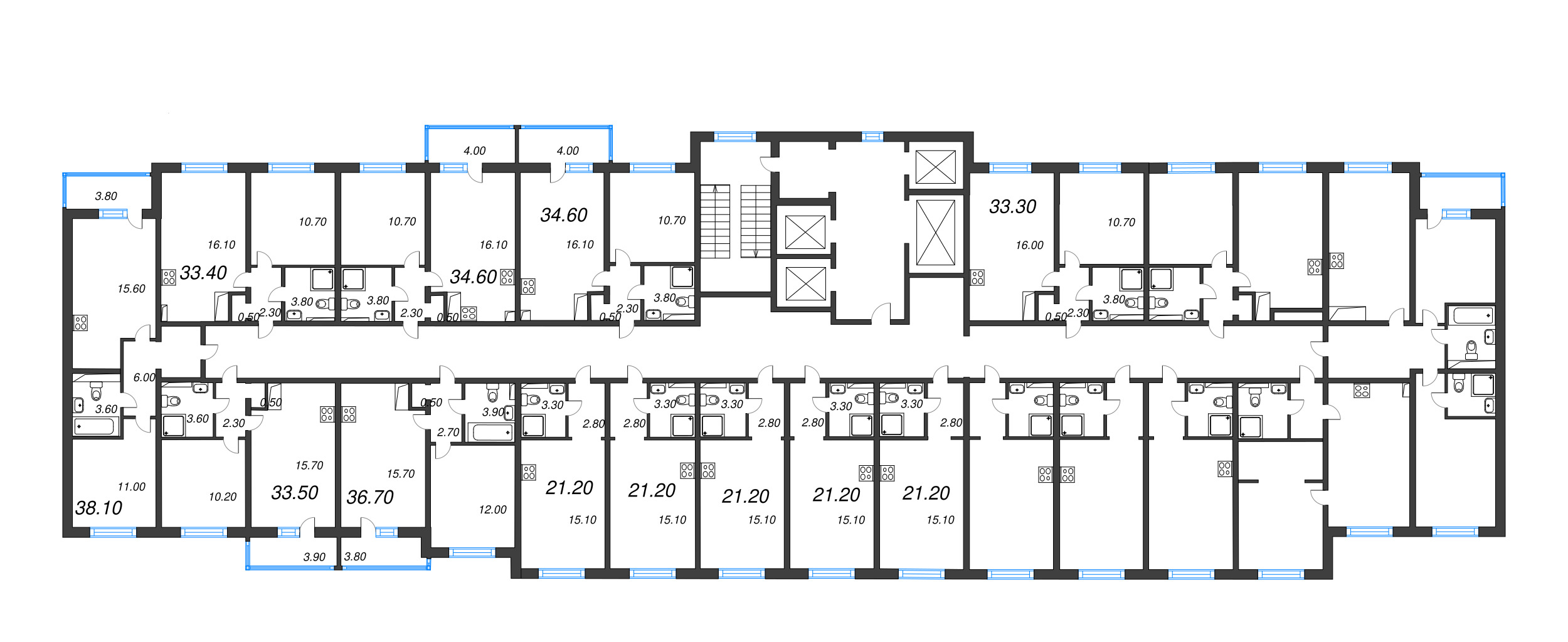 2-комнатная (Евро) квартира, 33.4 м² в ЖК "Зеркальный ручей" - планировка этажа