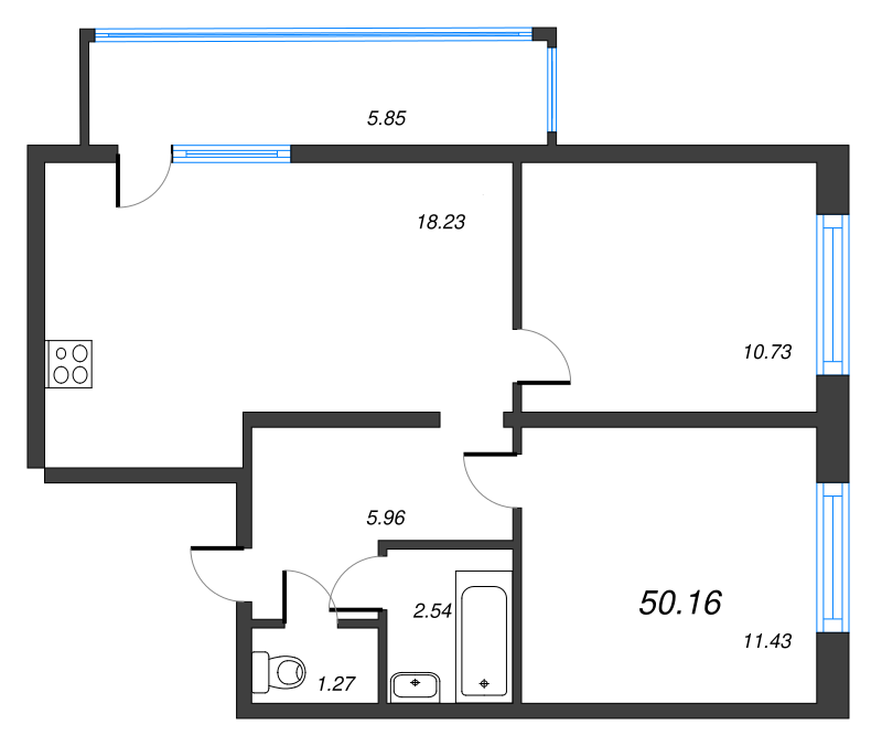 3-комнатная (Евро) квартира, 44.05 м² - планировка, фото №1