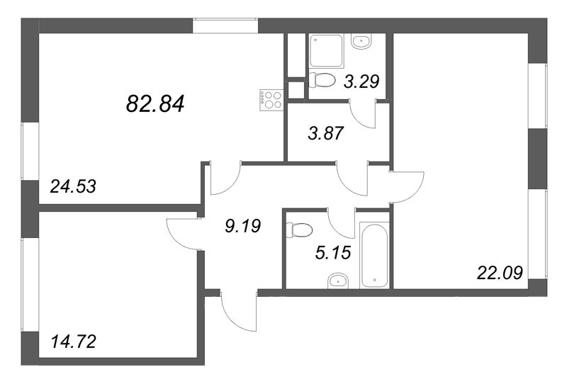 3-комнатная (Евро) квартира, 82.84 м² в ЖК "Соло. Петергоф" - планировка, фото №1