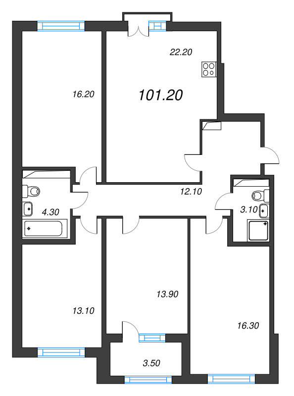 5-комнатная (Евро) квартира, 101.2 м² - планировка, фото №1