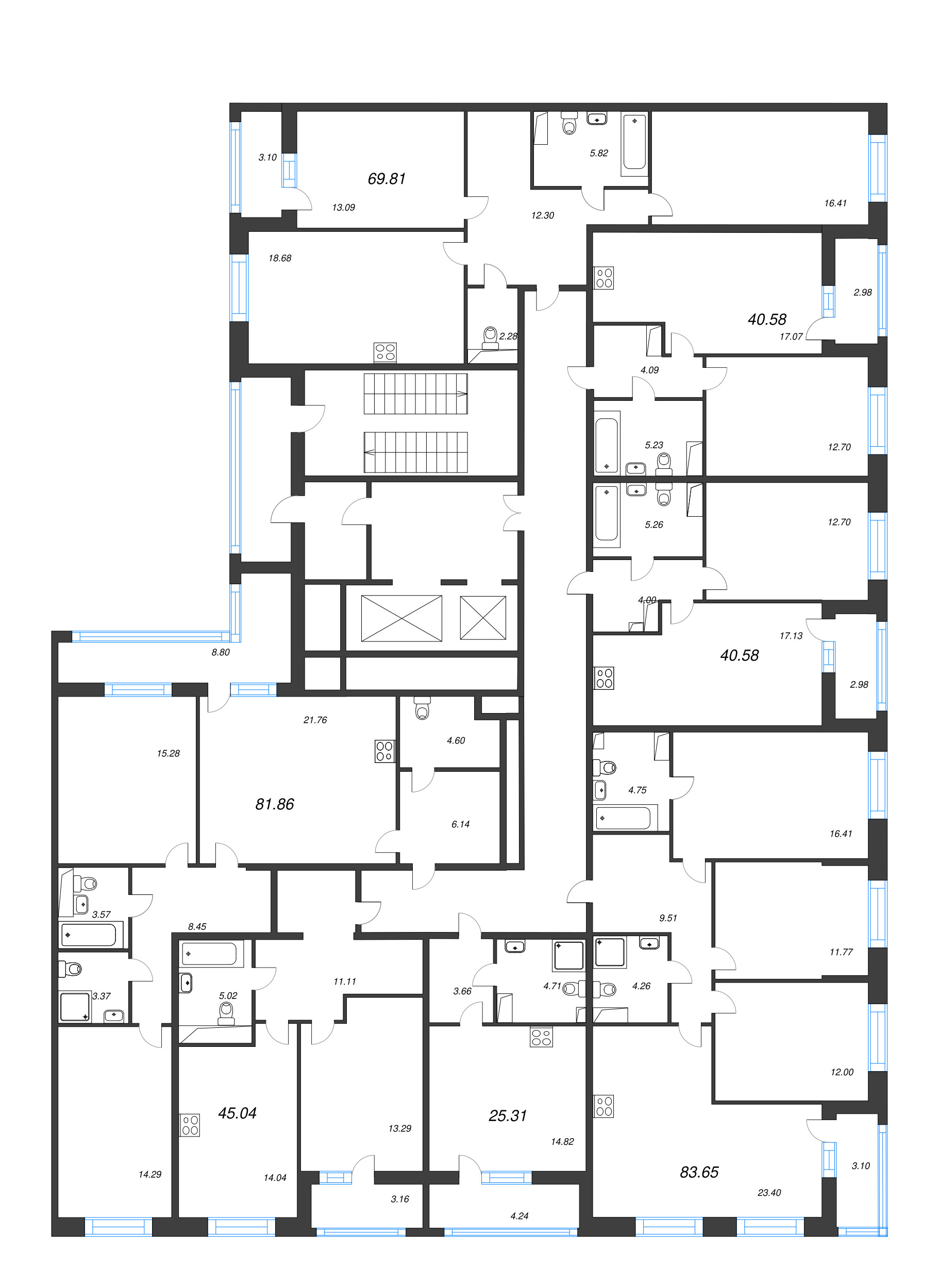 2-комнатная (Евро) квартира, 40.58 м² - планировка этажа
