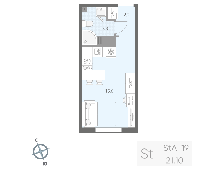 Квартира-студия, 21.1 м² - планировка, фото №1