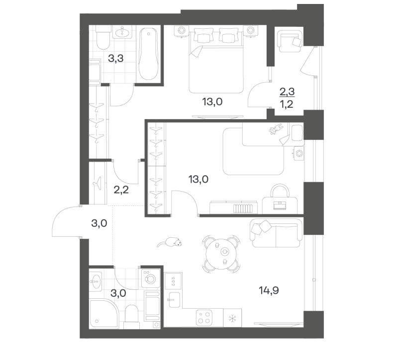 2-комнатная квартира, 53.52 м² в ЖК "Новый Питер" - планировка, фото №1