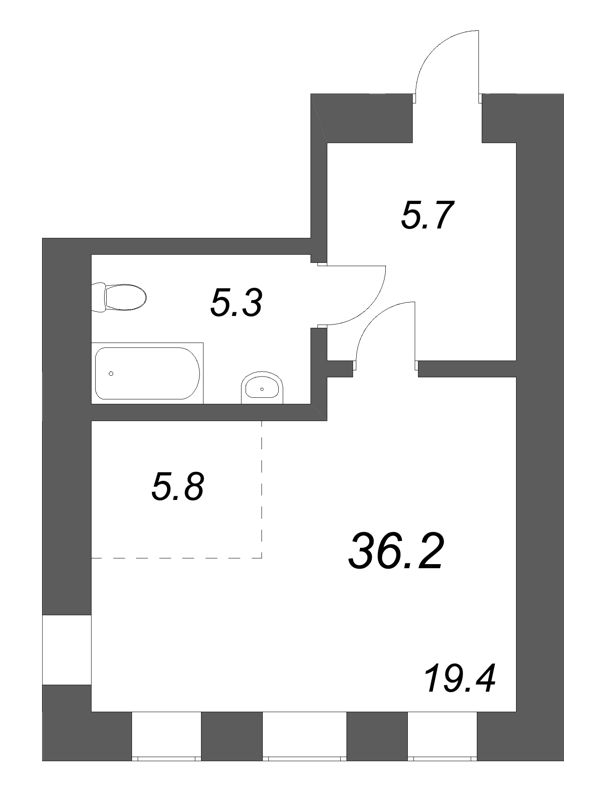 Квартира-студия, 36.2 м² в ЖК "Дом купца Злобина" - планировка, фото №1