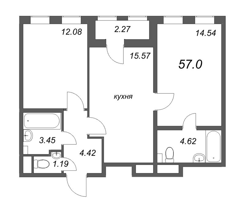 3-комнатная (Евро) квартира, 57 м² в ЖК "AEROCITY Club" - планировка, фото №1