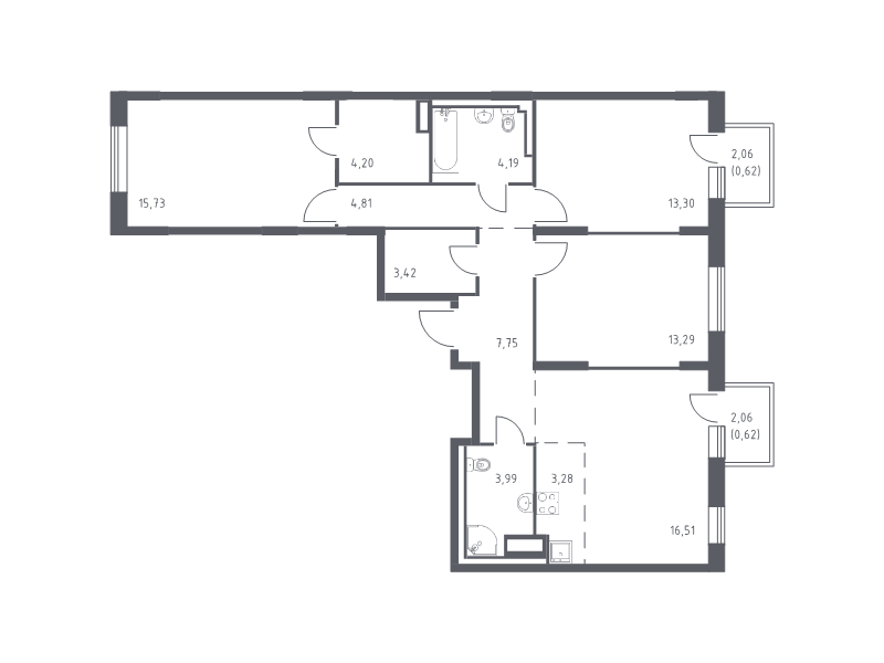 4-комнатная (Евро) квартира, 91.71 м² в ЖК "Квартал Лаголово" - планировка, фото №1