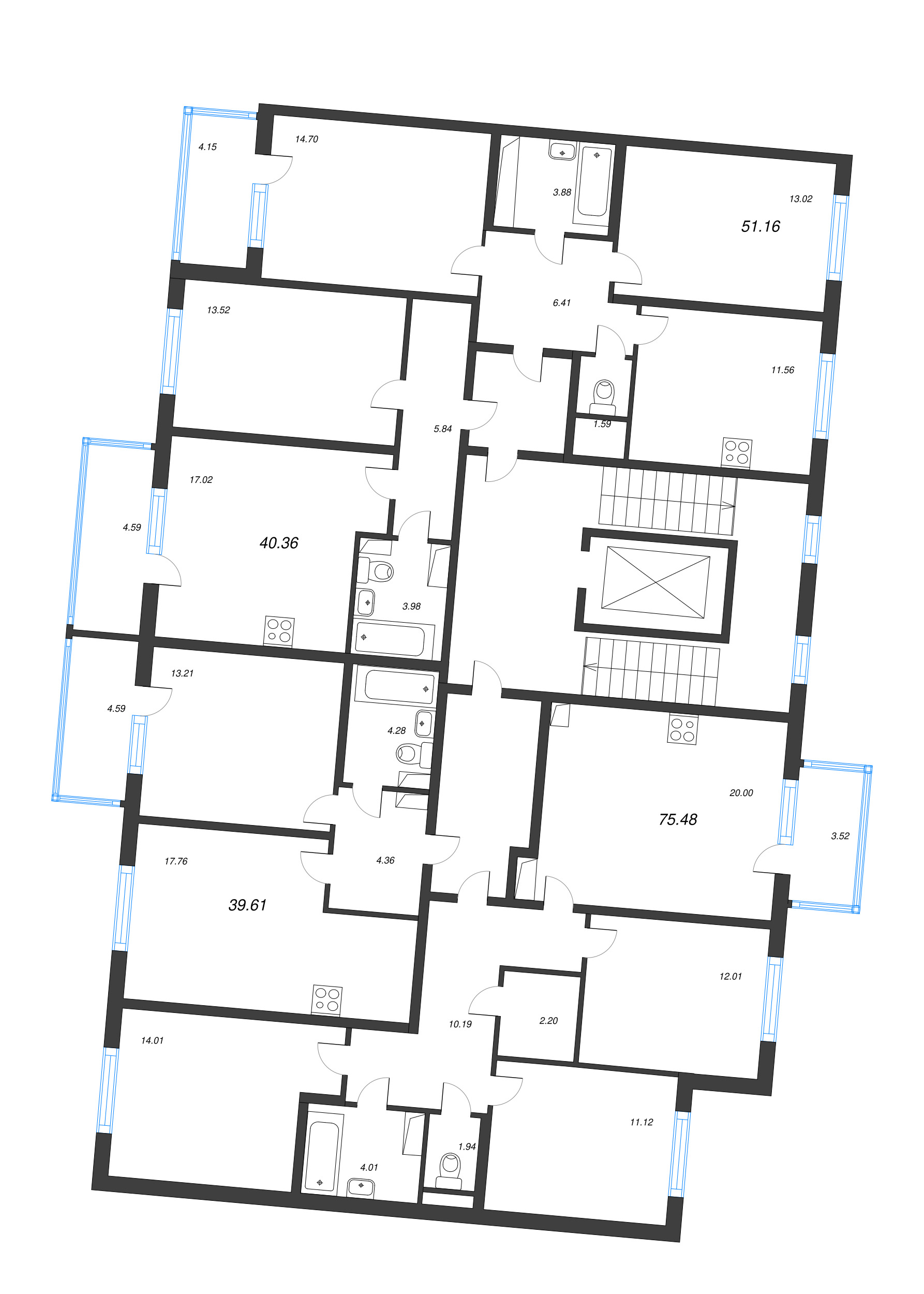 2-комнатная квартира, 51.16 м² в ЖК "ЮгТаун" - планировка этажа
