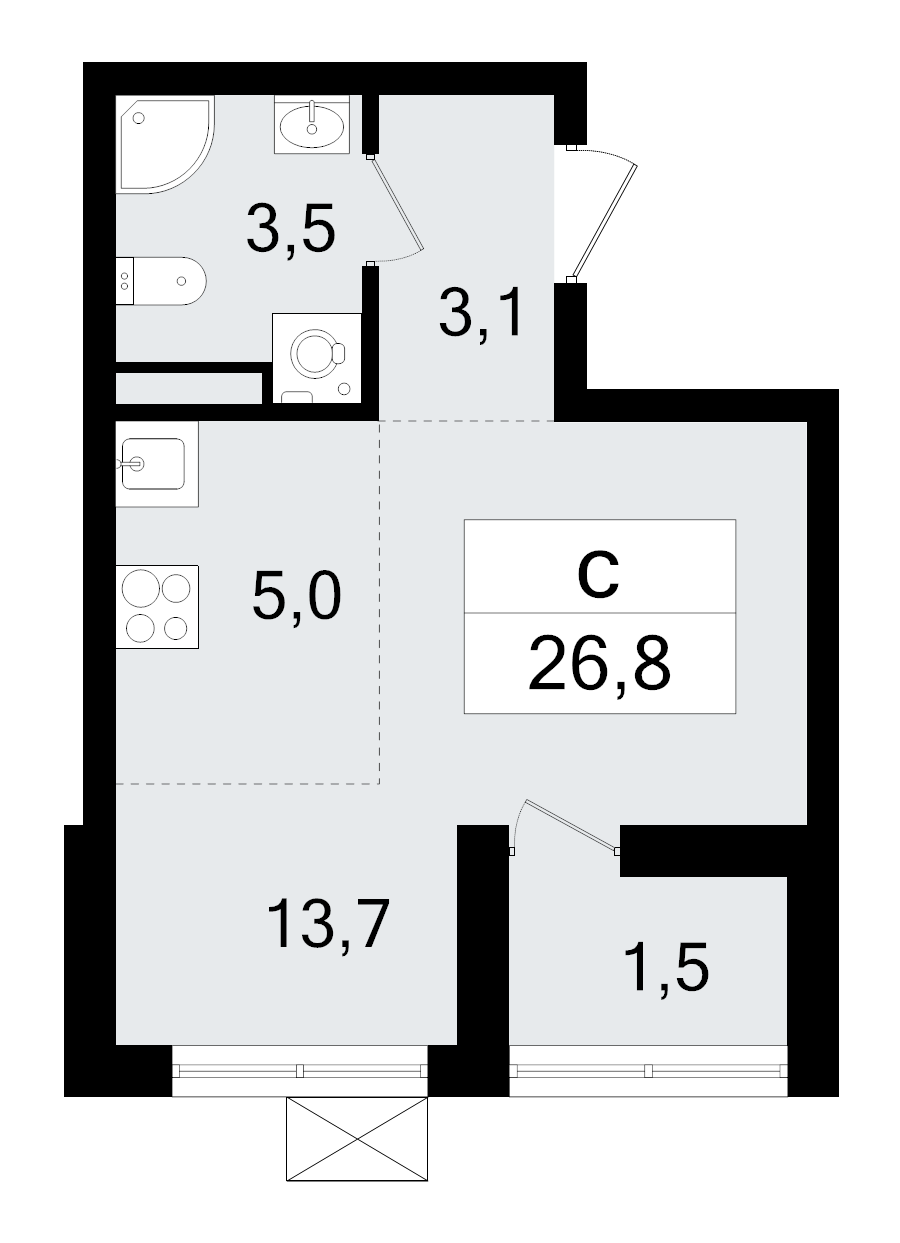 Квартира-студия, 26.8 м² - планировка, фото №1