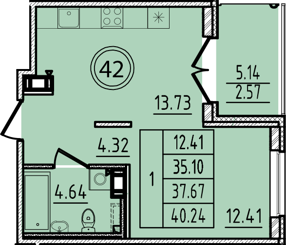 1-комнатная квартира, 35.1 м² в ЖК "Образцовый квартал 14" - планировка, фото №1