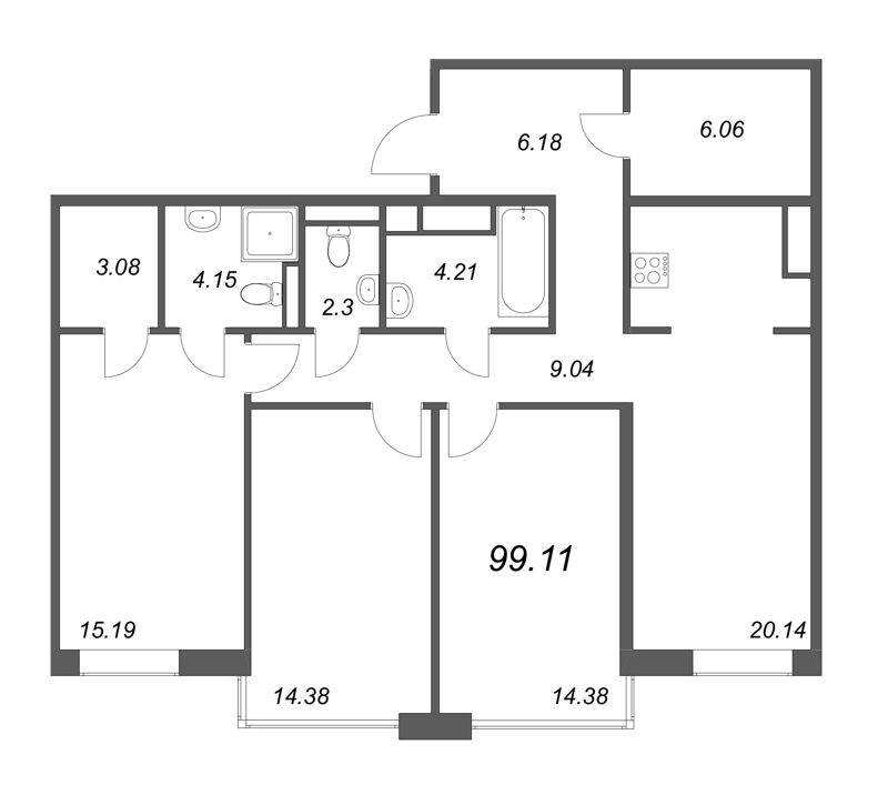 4-комнатная (Евро) квартира, 99.11 м² - планировка, фото №1