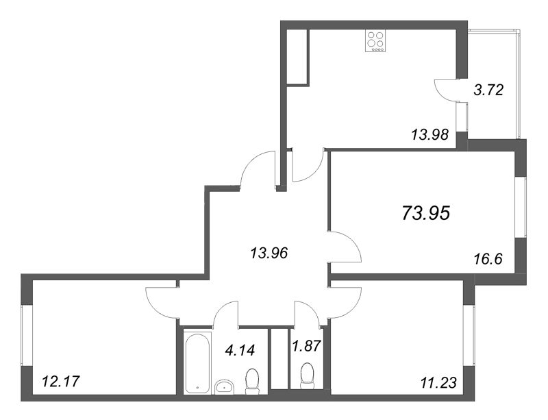 3-комнатная квартира, 73.95 м² в ЖК "Ясно.Янино" - планировка, фото №1