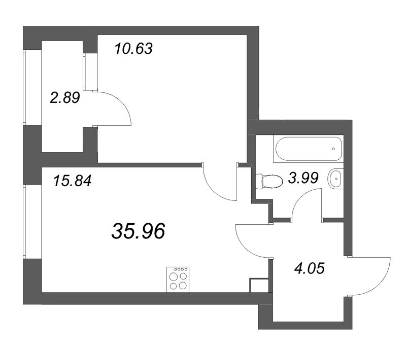 2-комнатная (Евро) квартира, 35.96 м² в ЖК "Аурум" - планировка, фото №1