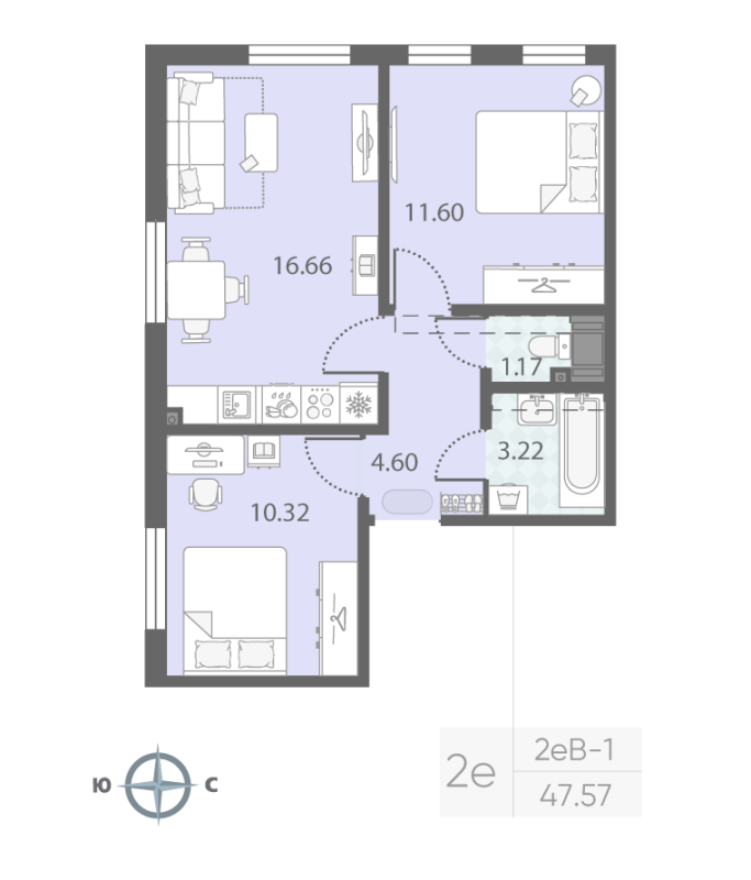 3-комнатная (Евро) квартира, 47.57 м² - планировка, фото №1