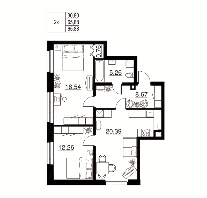 3-комнатная (Евро) квартира, 65.88 м² в ЖК "Соло. Петергоф" - планировка, фото №1