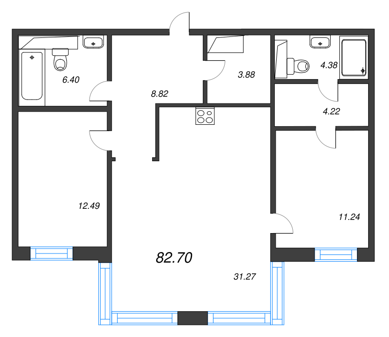 3-комнатная (Евро) квартира, 82.7 м² - планировка, фото №1