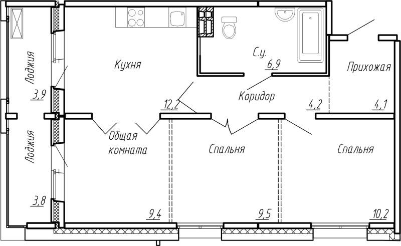 3-комнатная квартира, 64.2 м² в ЖК "Сибирь" - планировка, фото №1