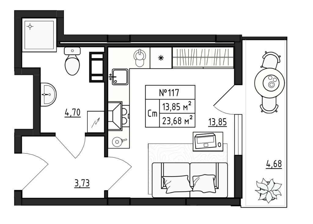 Квартира-студия, 23.68 м² в ЖК "Верево Сити" - планировка, фото №1