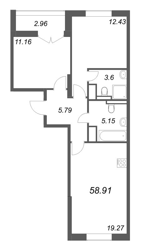 3-комнатная (Евро) квартира, 58.91 м² в ЖК "Цивилизация на неве" - планировка, фото №1