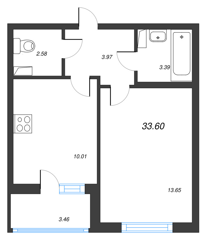 1-комнатная квартира, 33.6 м² в ЖК "Ясно.Янино" - планировка, фото №1