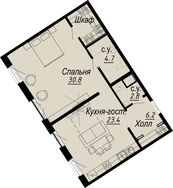 2-комнатная (Евро) квартира, 67.8 м² - планировка, фото №1