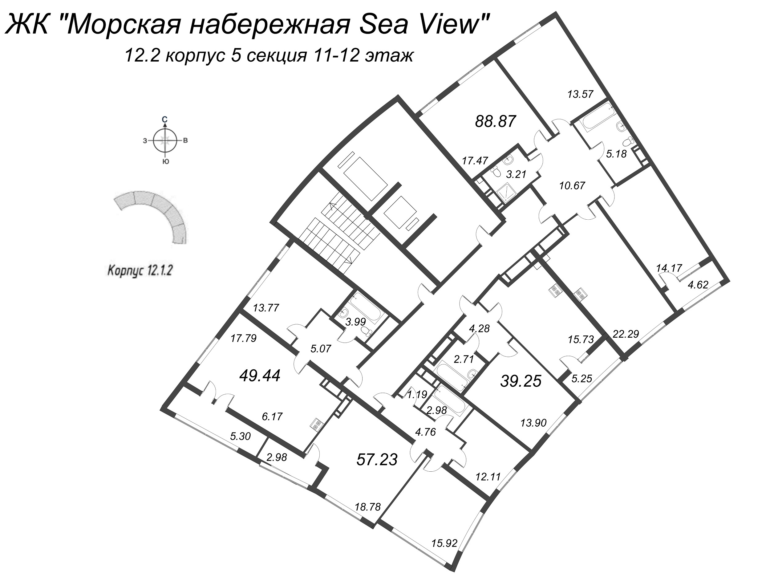 3-комнатная (Евро) квартира, 88.87 м² в ЖК "Морская набережная. SeaView" - планировка этажа